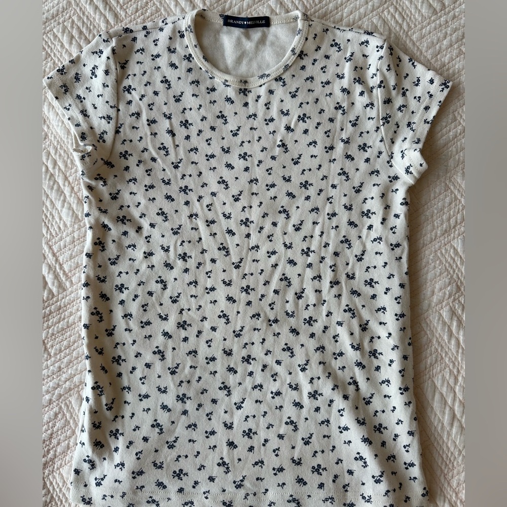 BRANDY MELVILLE white short sleeve tee shirt top dainty with blue flowers